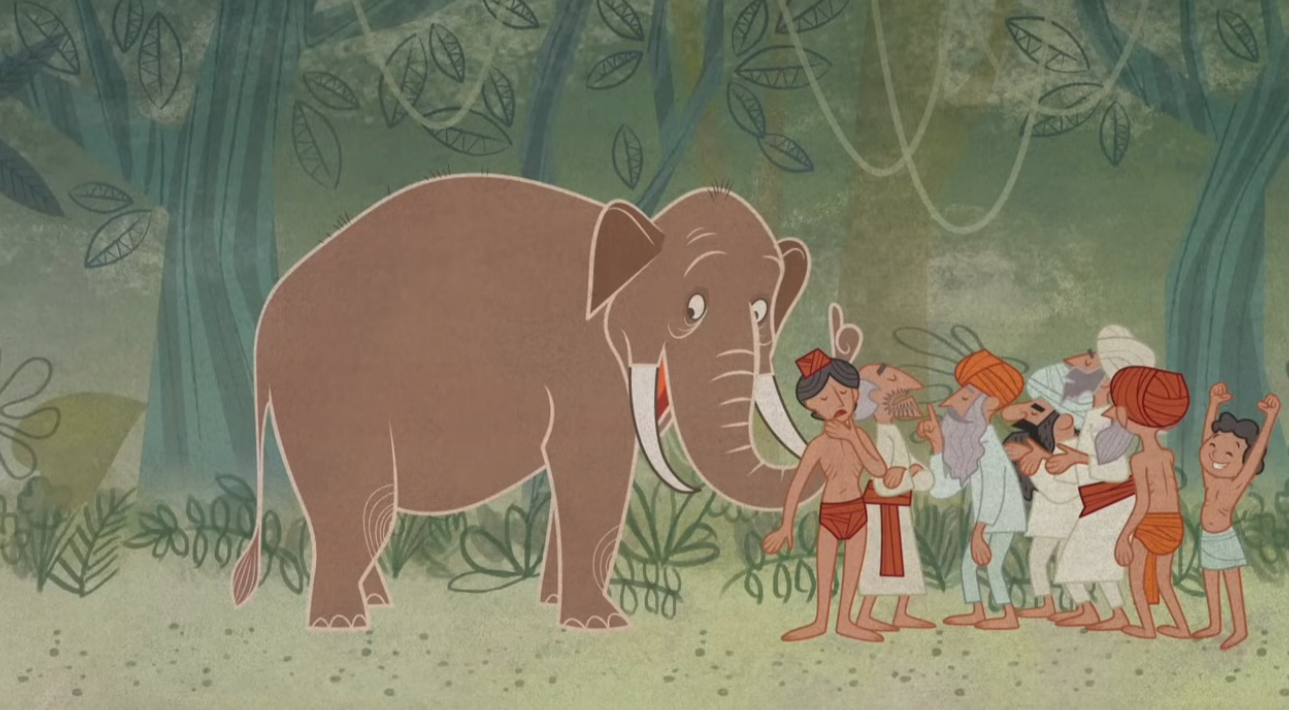 Still of an elephant and blind men from the animated short video Discovering Truth by the LDS YouTube channel.