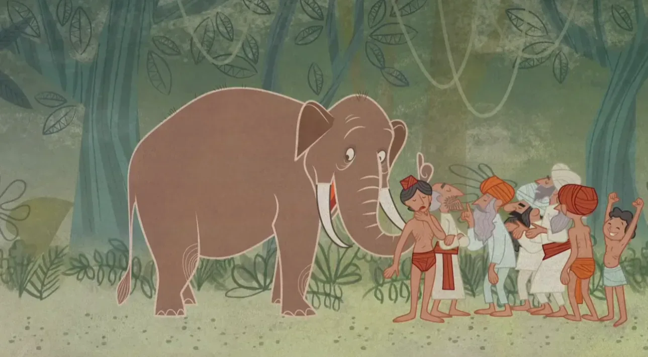 Still of an elephant and blind men from the animated short video Discovering Truth by the LDS YouTube channel.