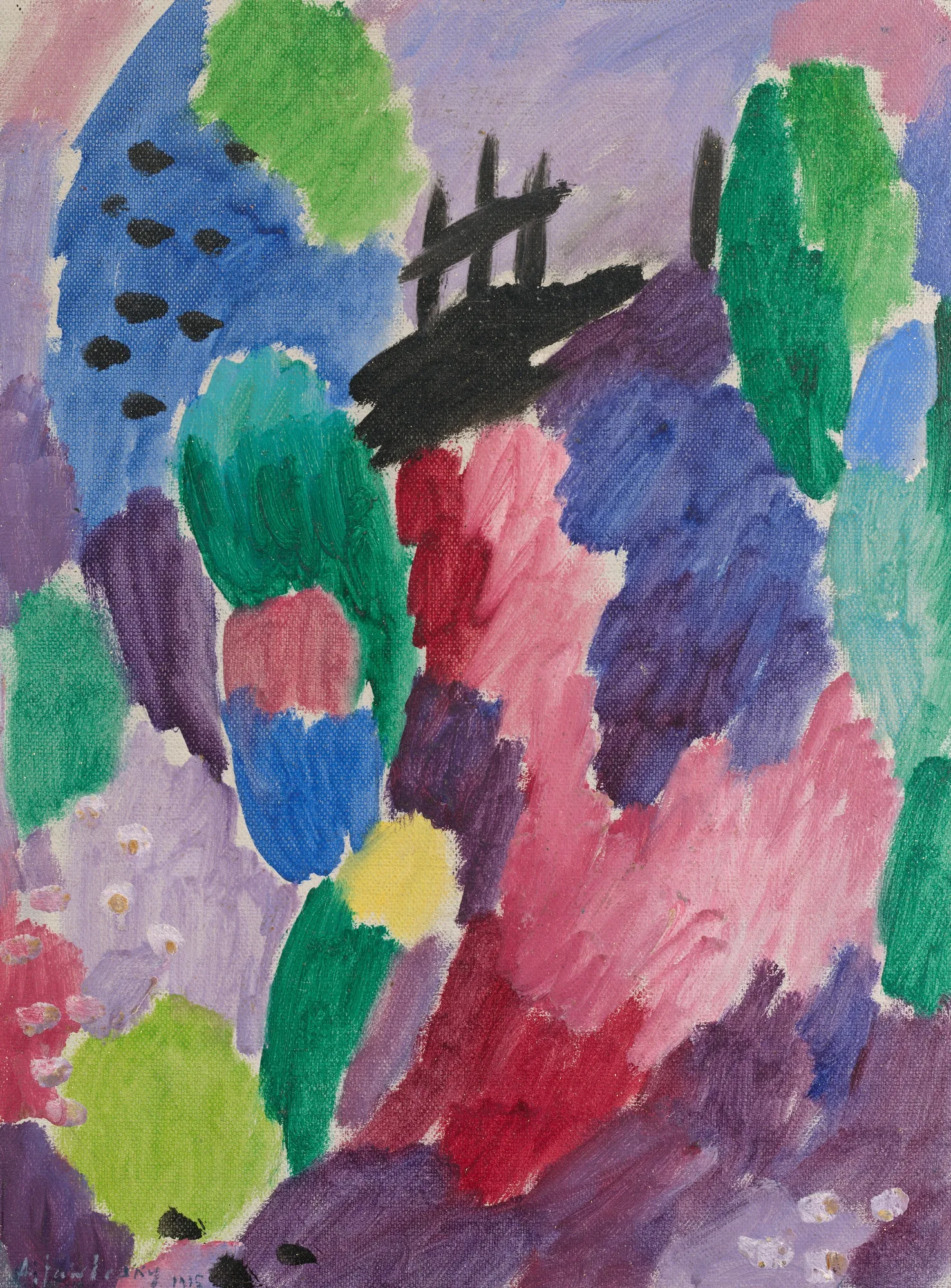 This painting is an abstract composition of irregular shapes and vibrant colors. The different sections overlap and intersect in shades of green, blue, red, purple, and pink. A blue section in the top left has black dots, and two purple sections towards the bottom have white dots with yellow centers. In the upper center of the painting, there is a section of crossing black lines in a small grid. The paint has been applied unevenly in thick, scribbled lines, and some patches of the white canvas are visible.